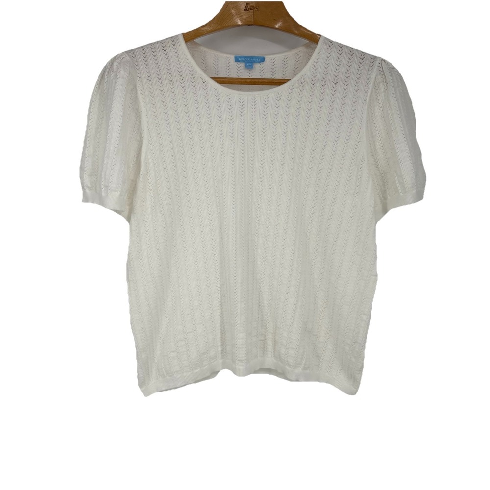 Draper James Womens Short Sleeve Pointelle Sweater‎ XXL White Puff Sleeve Preppy